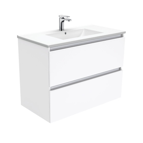 Dolce Ceramic Moulded Basin-Top + Quest Gloss White Cabinet Wall-Hung 900mm 2 Drawer 1 Tap Hole [197698]