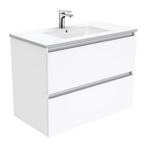 Dolce 900 Ceramic Moulded Basin-Top + Quest Gloss White Cabinet Wall-Hung 2 Drawer 3 Tap Hole [197700]
