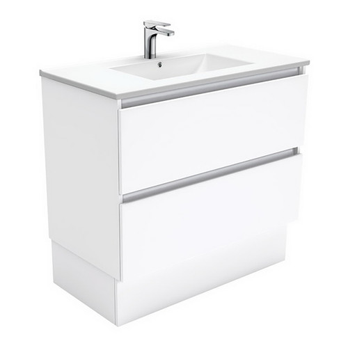 Dolce Ceramic Moulded Basin-Top + Quest Gloss White Cabinet On Kick Board2 Drawer 900mm 1 Tap Hole [197701]