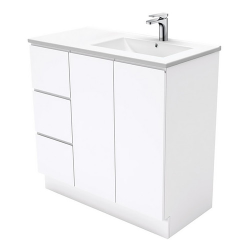 Dolce 900 Right Offset Ceramic Basin-Top + Fingerpull Gloss White Cabinet On Kick Board 2 Door 3 Drawer 3 Tap Holes [197705]