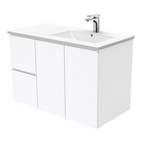 Dolce 900 Right Offset Ceramic Basin-Top + Fingerpull Gloss White Cabinet Wall-Hung 2 Door 3 Drawer 1 Tap Hole [197706]