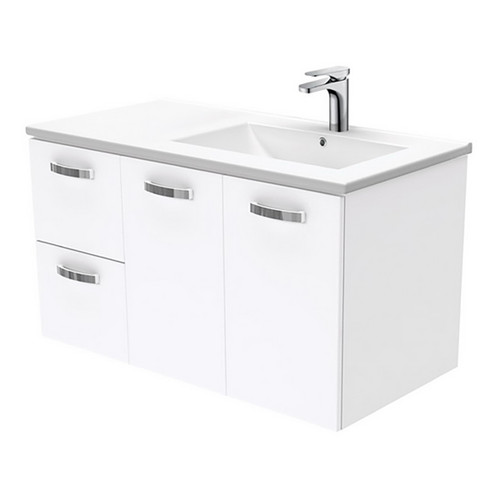 Dolce 900 Right Offset Ceramic Basin-Top + Unicab Gloss White Cabinet Wall-Hung 2 Door 2 Drawer 3 Tap Hole [197709]
