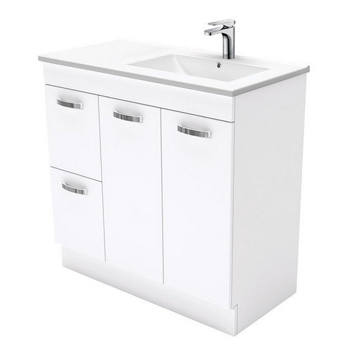 Dolce 900 Right Offset Ceramic Basin-Top + Unicab Gloss White Cabinet on Kick Board 2 Door 2 Drawer 3 Tap Hole [197711]
