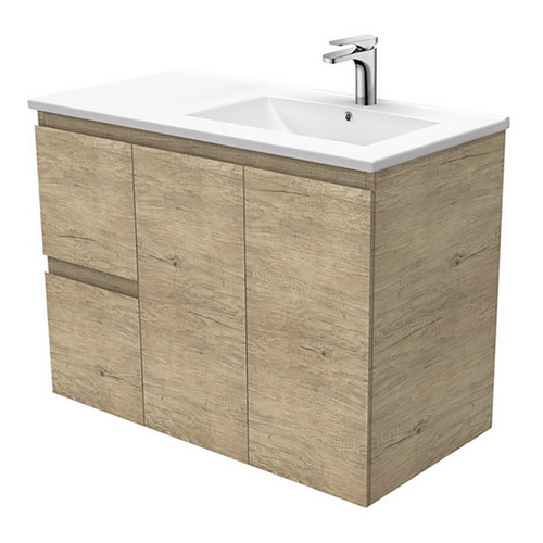 Dolce 900 Right Offset Ceramic Basin-Top + Edge Scandi Oak Cabinet Wall-Hung 2 Door 2 Drawer 1 Tap Hole [197712]