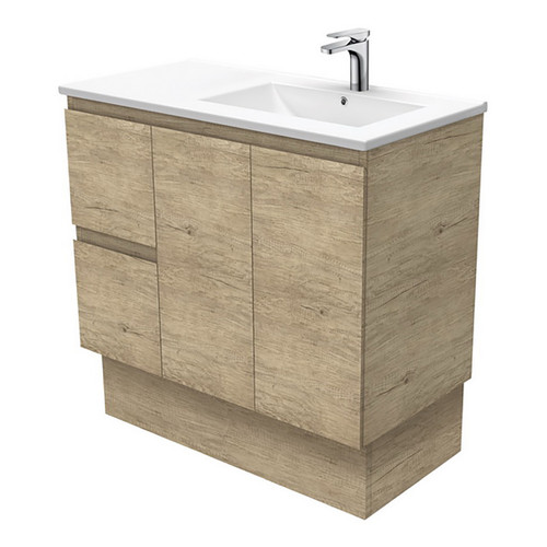 Dolce 900 Right Offset Ceramic Basin-Top + Edge Scandi Oak Cabinet on Kick Board 2 Door 2 Drawer 3 Tap Hole [197715]