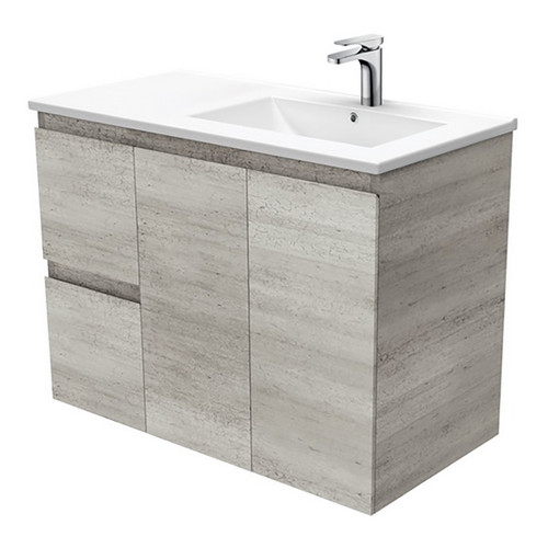 Dolce 900 Right Offset Ceramic Basin-Top + Edge Industrial Cabinet Wall-Hung 2 Door 2 Drawer 3 Tap Hole [197717]
