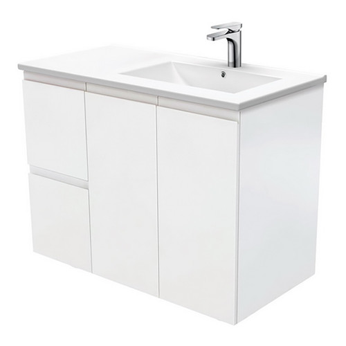 Dolce 900 Right Offset Ceramic Basin-Top + Fingerpull Matte White Cabinet Wall-Hung 2 Door 2 Drawer 1 Tap Hole [197720]