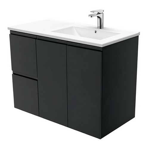 Dolce 900 Right Offset Ceramic Basin-Top + Fingerpull Matte Black Cabinet Wall-Hung 2 Door 2 Drawer 3 Tap Hole [197723]