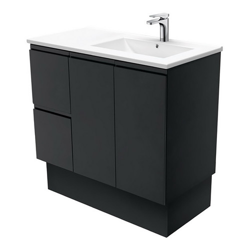 Dolce 900 Right Offset Ceramic Basin-Top + Fingerpull Matte Black Cabinet On Kick Board 2 Door 2 Drawer 3 Tap Holes [197725]