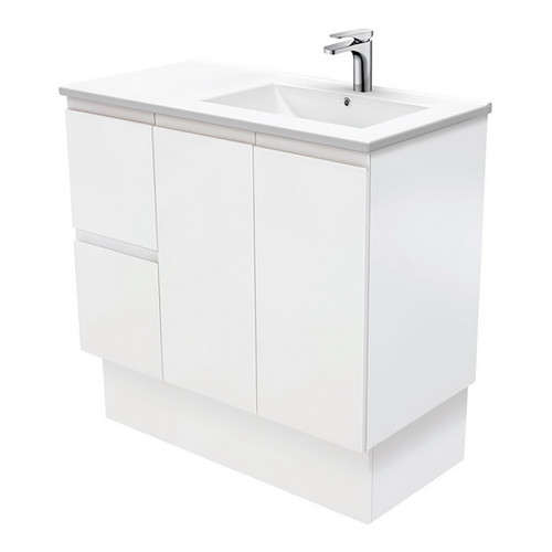 Dolce 900 Right Offset Ceramic Basin-Top + Fingerpull Matte White Cabinet On Kick Board 2 Door 2 Drawer 1 Tap Hole [197726]