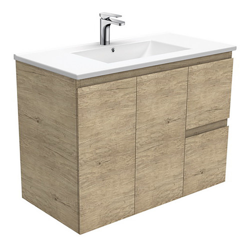 Dolce Ceramic Moulded Basin-Top + Edge Scandi Oak Cabinet Wall-Hung 900mm 2 Door 2 Left Hand Drawer 1 Tap Hole [197734]