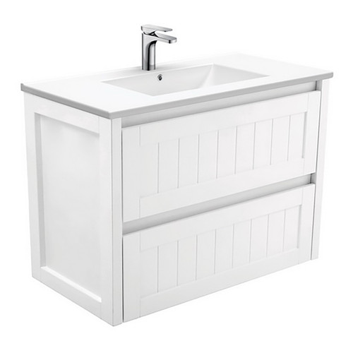 Dolce 900 Ceramic Moulded Basin-Top + Hampton Satin White Cabinet Wall-Hung 3 Tap Hole [197742]
