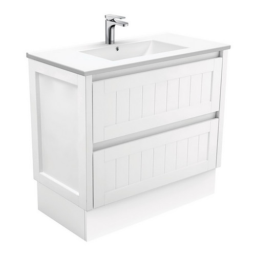 Dolce Ceramic Moulded Basin-Top + Hampton Satin White Cabinet On Kick Board 900mm 3 Tap Holes [197745]