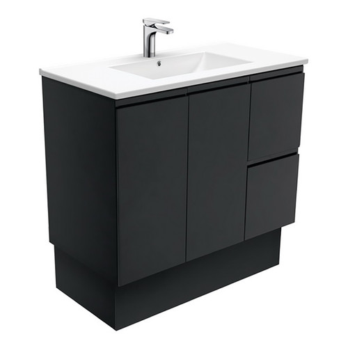 Dolce Ceramic Moulded Basin-Top + Fingerpull Satin Black Cabinet On Kick Board 900mm 2 Door 2 Left Hand Drawer 1 Tap Hole [197754]