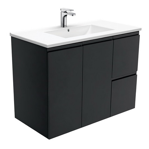 Dolce 900 Ceramic Moulded Basin-Top + Fingerpull Satin Black Cabinet Wall-Hung 2 Door 2 Left Drawer No Tap Hole [197761]