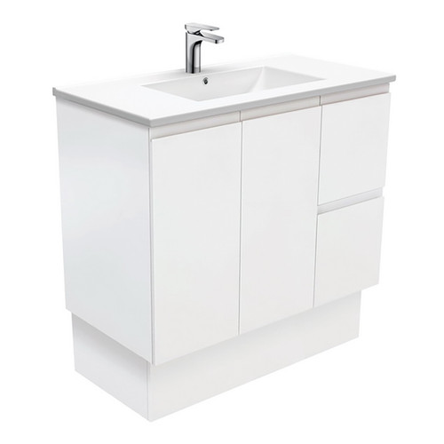 Dolce 900 Ceramic Moulded Basin-Top + Fingerpull Satin White Cabinet On Kick Board 2 Door 2 Left Drawer 3 Tap Holes [197768]