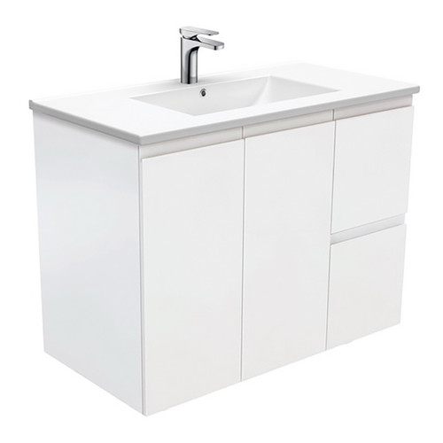 Dolce 900 Ceramic Moulded Basin-Top + Fingerpull Satin White Cabinet Wall-Hung 2 Door 2 Left Drawer 3 Tap Hole [197774]