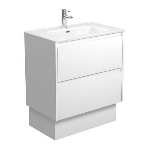 Joli 750 Ceramic Moulded Basin-Top + Amato Satin White Cabinet On Kick Board with Solid Panels 2 Drawer 1 Tap Hole [191588]