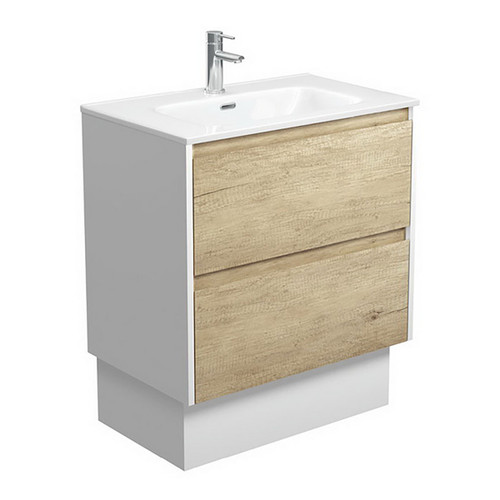 Joli 750 Ceramic Moulded Basin-Top + Amato Scandi Oak Cabinet On Kick with Satin White Solid Side Panels 2 Drawer 1 Tap Hole [191589]