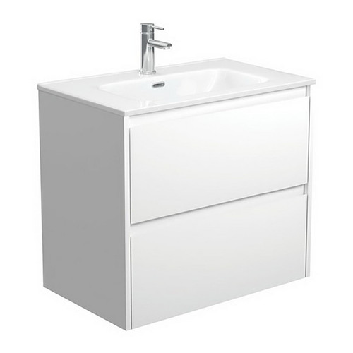 Joli 750 Ceramic Moulded Basin-Top + Amato Satin White Cabinet Wall-Hung with Solid Panels 2 Drawer 1 Tap Hole [191591]