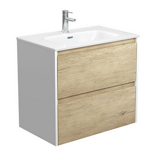Joli Ceramic Moulded Basin-Top + Amato Scandi Oak Cabinet Wall-Hung with Matte White Panels 2 Drawer 750mm 1 Tap Hole [191592]