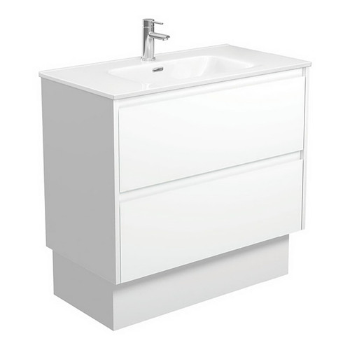 Joli Ceramic Moulded Basin-Top + Amato Satin White Cabinet On Kick Board with Matte White Solid Panels 2 Drawer 900mm 1 Tap Hole [191594]