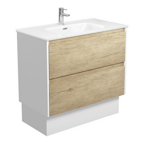 Joli Ceramic Moulded Basin-Top + Amato Scandi Oak Cabinet On Kick with Satin White Solid Side Panels 2 Drawer 900mm 1 Tap Hole [191595]