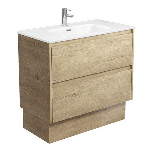 Joli Ceramic Moulded Basin-Top + Amato Scandi Oak Cabinet On Kick Board with Solid Panels 2 Drawer 900mm 1 Tap Hole [191596]