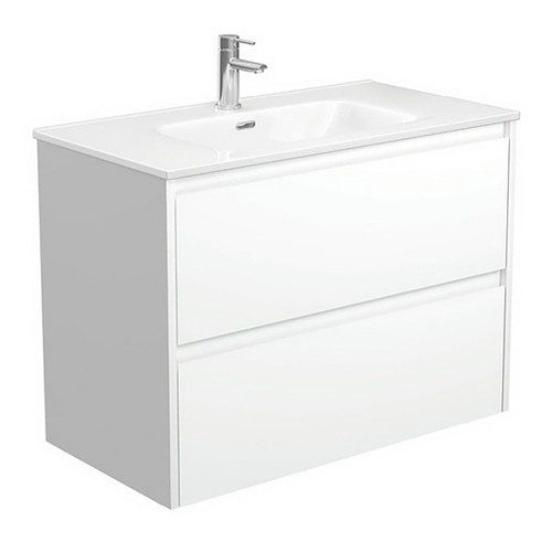 Joli Ceramic Moulded Basin-Top + Amato Satin White Cabinet Wall-Hung with Matte White Solid Panels 2 Drawer 900mm 1 Tap Hole [191597]