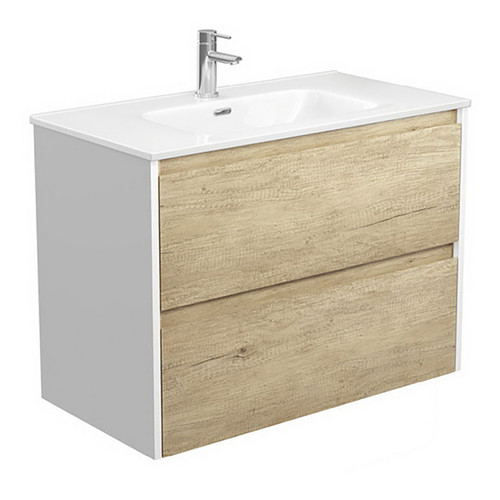 Joli Ceramic Moulded Basin-Top + Amato Scandi Oak Cabinet Wall-Hung with Matte White Panels 2 Drawer 900mm 1 Tap Hole [191598]
