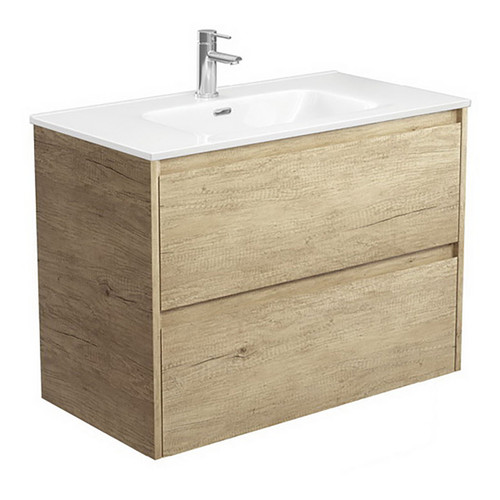 Joli Ceramic Moulded Basin-Top + Amato Scandi Oak Cabinet Wall-Hung with Solid Panels 2 Drawer 900mm 1 Tap Hole [191599]