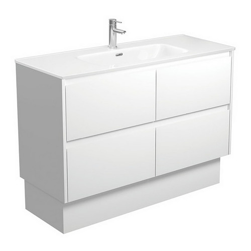 Joli Ceramic Moulded Basin-Top + Amato Satin White Cabinet On Kick Board with Solid Panels 4 Drawer 1200mm 1 Tap Hole [191600]
