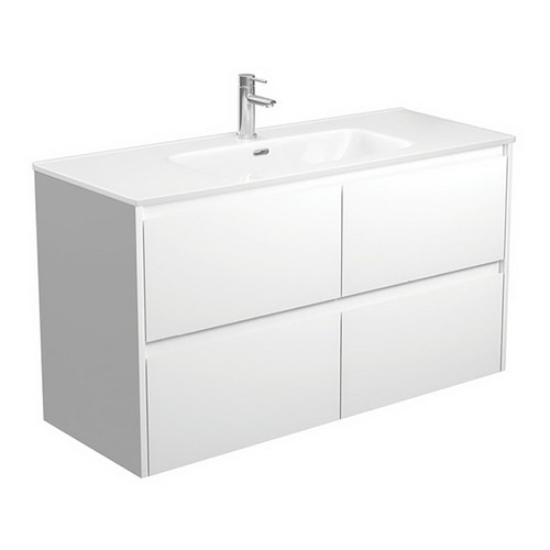 Joli Ceramic Moulded Basin-Top + Amato Satin White Cabinet Wall-Hung with Solid Panels 4 Drawer 1200mm 1 Tap Hole [191603]