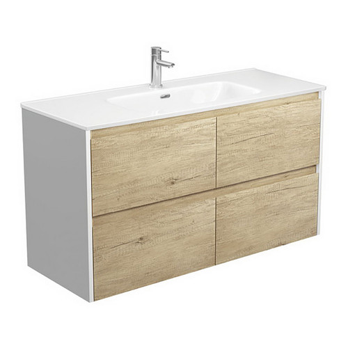 Joli Ceramic Moulded Basin-Top + Amato Scandi Oak Cabinet Matte White Wall-Hung 4 Drawer 1200mm 1 Tap Hole [191604]