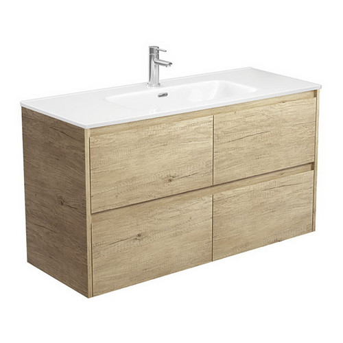 Joli Ceramic Moulded Basin-Top + Amato Scandi Oak Cabinet Wall-Hung with Solid Panels 4 Drawer 1200mm 1 Tap Hole [191605]