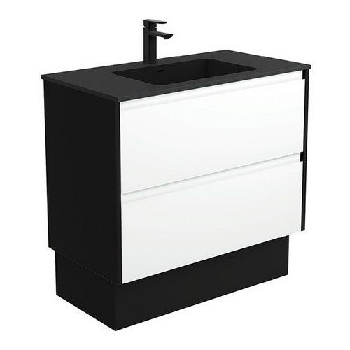 Montana 900 Solid Surface Moulded Basin-Top + Amato Satin White Cabinet On Kick 2 Drawer 1 Tap Hole [191713]