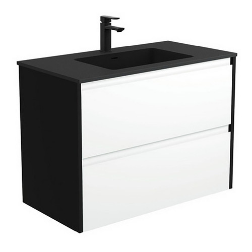 Montana 900 Solid Surface Moulded Basin-Top + Amato Satin White Cabinet Wall-Hung 2 Drawer 1 Tap Hole [191714]