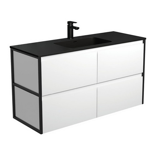 Montana 1200 Solid Surface Moulded Basin-Top + Amato Satin White Cabinet Wall-Hung with Matte Black Frames 4 Drawer 1 Tap Hole [191722]