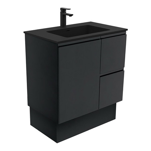 Montana 750 Solid Surface Moulded Basin-Top + Fingerpull Satin Black Cabinet on Kick Board 1DR 2DRW LH 1 Tap Hole [196450]