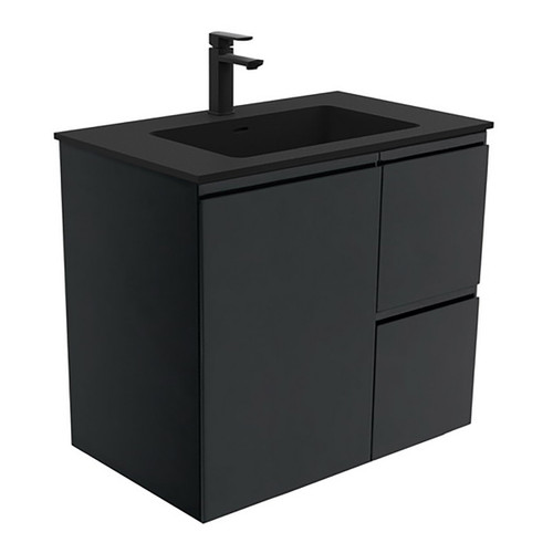 Montana 750 Solid Surface Moulded Basin-Top + Fingerpull Satin Black Cabinet Wall-Hung 1 Door 2 Right Drawer 1 Tap Hole [196456]