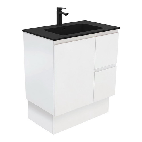 Montana 750 Solid Surface Moulded Basin-Top + Fingerpull Satin White Cabinet on Kick Board 1DR 2DRW LH 1 Tap Hole [196458]