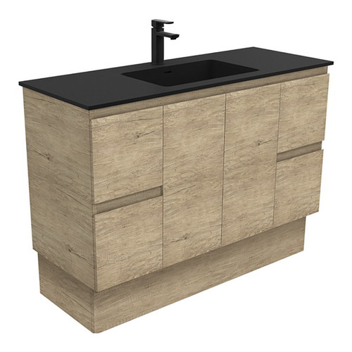 Montana 1200 Solid Surface Moulded Basin-Top + Edge Scandi Oak Cabinet on Kick Board 2 Door 4 Drawer 1 Tap Hole [196386]