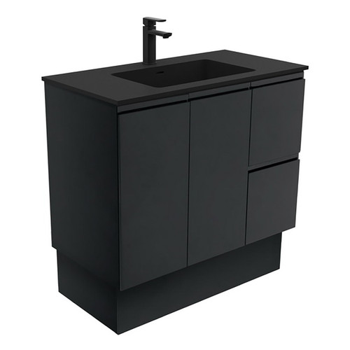 Montana 900 Solid Surface Moulded Basin-Top + Fingerpull Satin Black Cabinet on Kick Board 2DR 2DRW LH 1 Tap Hole [196514]