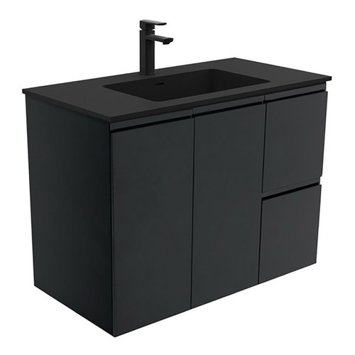 Montana 900 Solid Surface Moulded Basin-Top + Fingerpull Satin Black Cabinet Wall-Hung 2 Door 2 Left Drawer 1 Tap Hole [196518]