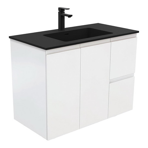 Montana 900 Solid Surface Moulded Basin-Top + Fingerpull Satin White Cabinet Wall-Hung 2 Door 2 Right Drawer 1 Tap Hole [196528]