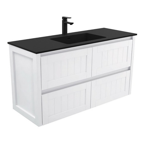 Montana 1200 Solid Surface Moulded Basin-Top + Hampton Satin White Cabinet Wall-Hung 4 Drawer 3 Tap Hole [196389]