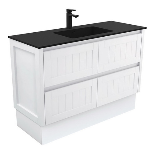 Montana 1200 Solid Surface Moulded Basin-Top + Hampton Satin White Cabinet on Kick Board 4 Drawer 3 Tap Hole [196391]
