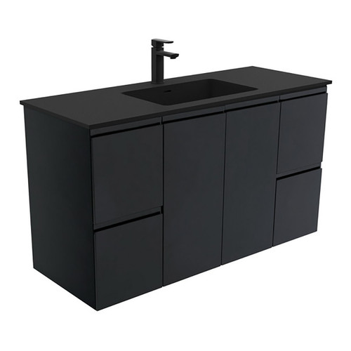 Montana 1200 Solid Surface Moulded Basin-Top + Fingerpull Satin Black Cabinet Wall-Hung 2 Door 4 Drawer 1 Tap Hole [196396]