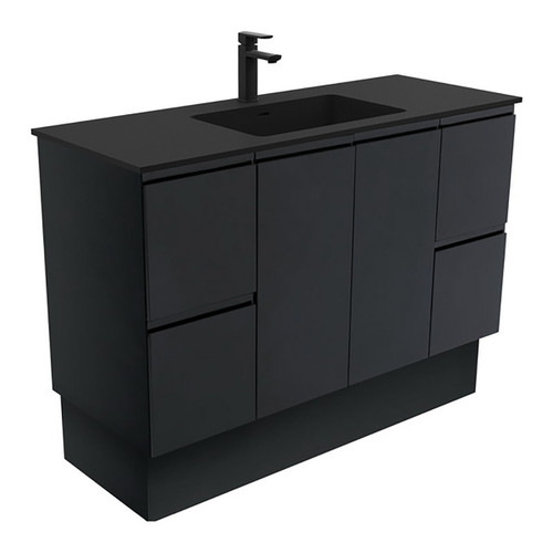 Montana 1200 Solid Surface Moulded Basin-Top + Fingerpull Satin Black Cabinet On Kick Board 2 Door 4 Drawer 3 Tap Holes [196399]