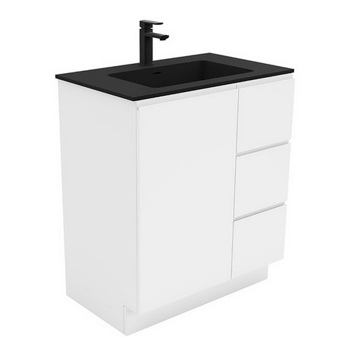 Montana 750 Solid Surface Moulded Basin-Top + Fingerpull Gloss White Cabinet on Kick Board 1DR 3DRW RH 1 Tap Hole [196408]